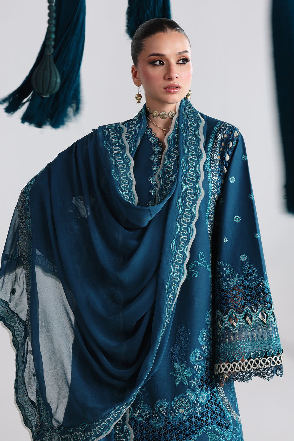 AA1 Original Qalamkar brand stitched 3-piece Luxury Lawn with Chiffon Dupatta Emberoidered embellished Dress.