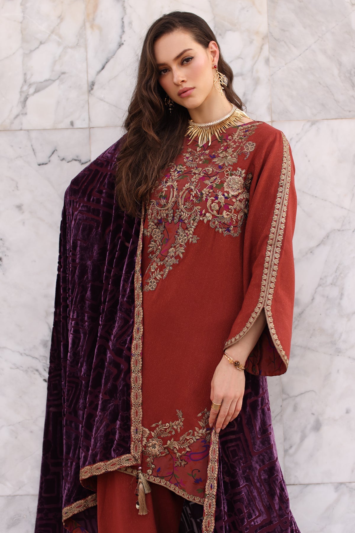 AAA Original by charizma brand stitched Peach Leather fabric with palachi Shawl 3-piece