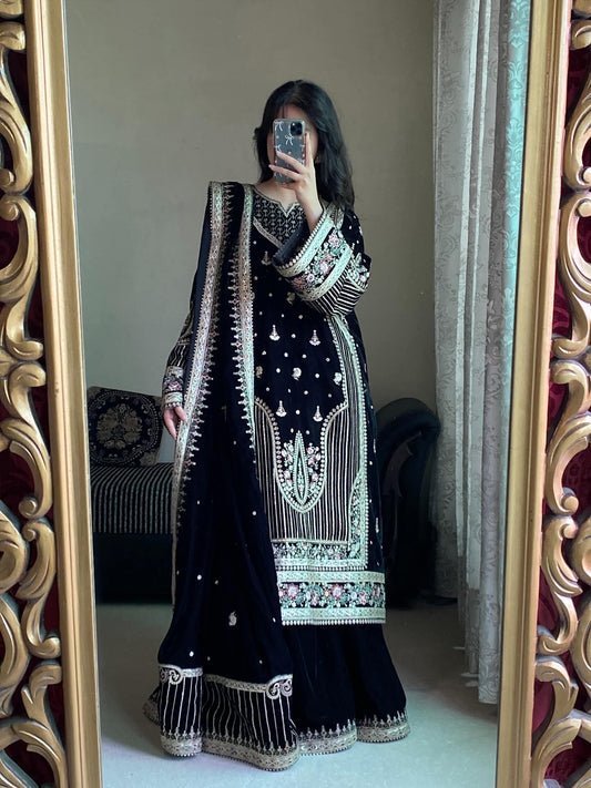 Aneela's original three-piece velvet suit as it is model pic