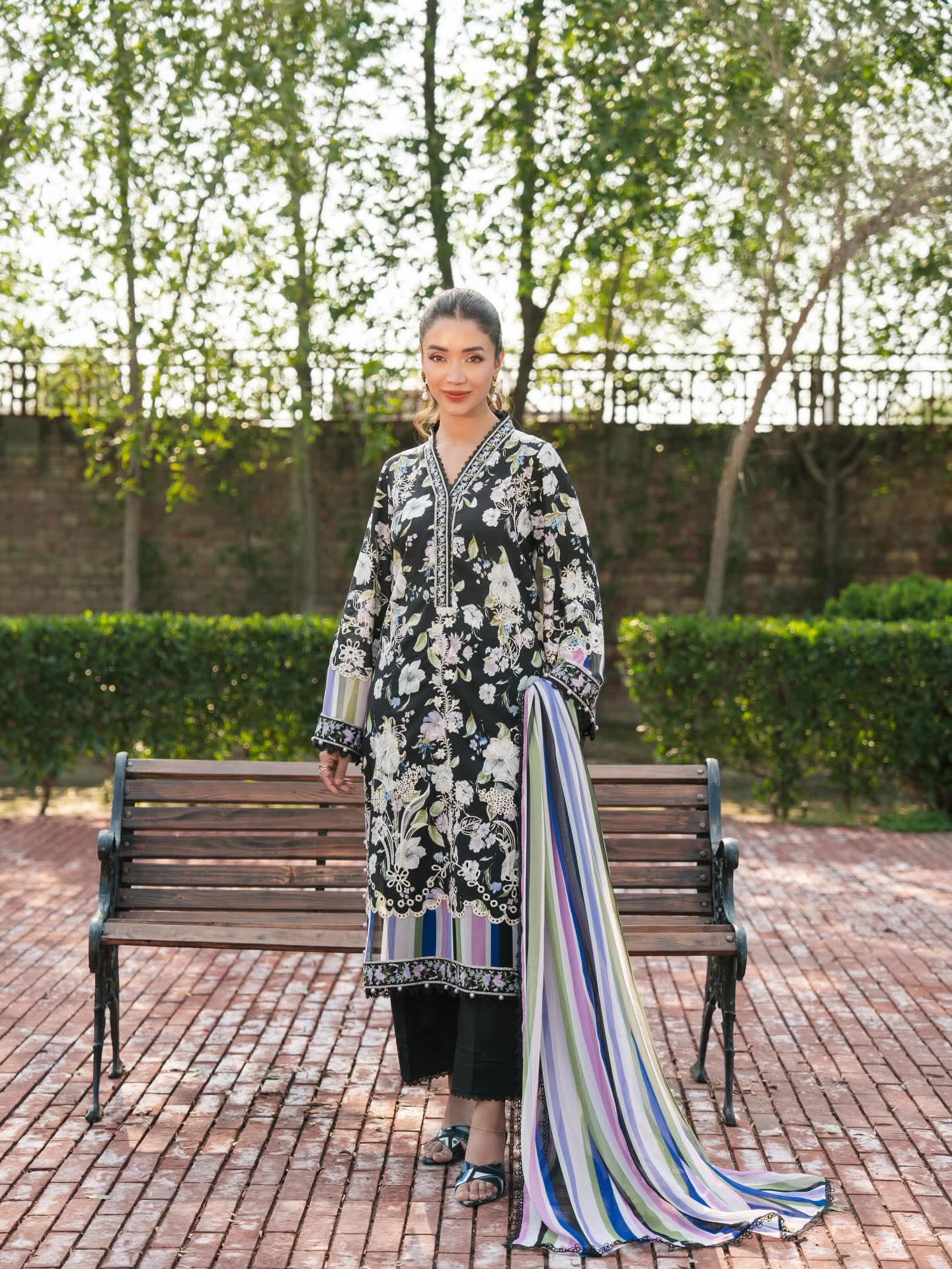 Aneela's original brand stitched full Embroidered lawn with chiffon dupata