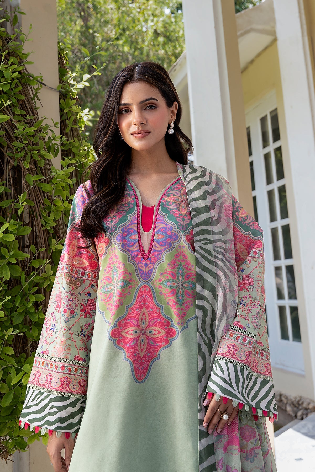 01 Chrizma original brand stitched 3-piece summer wear lawn embroidered with chiffon dupata.