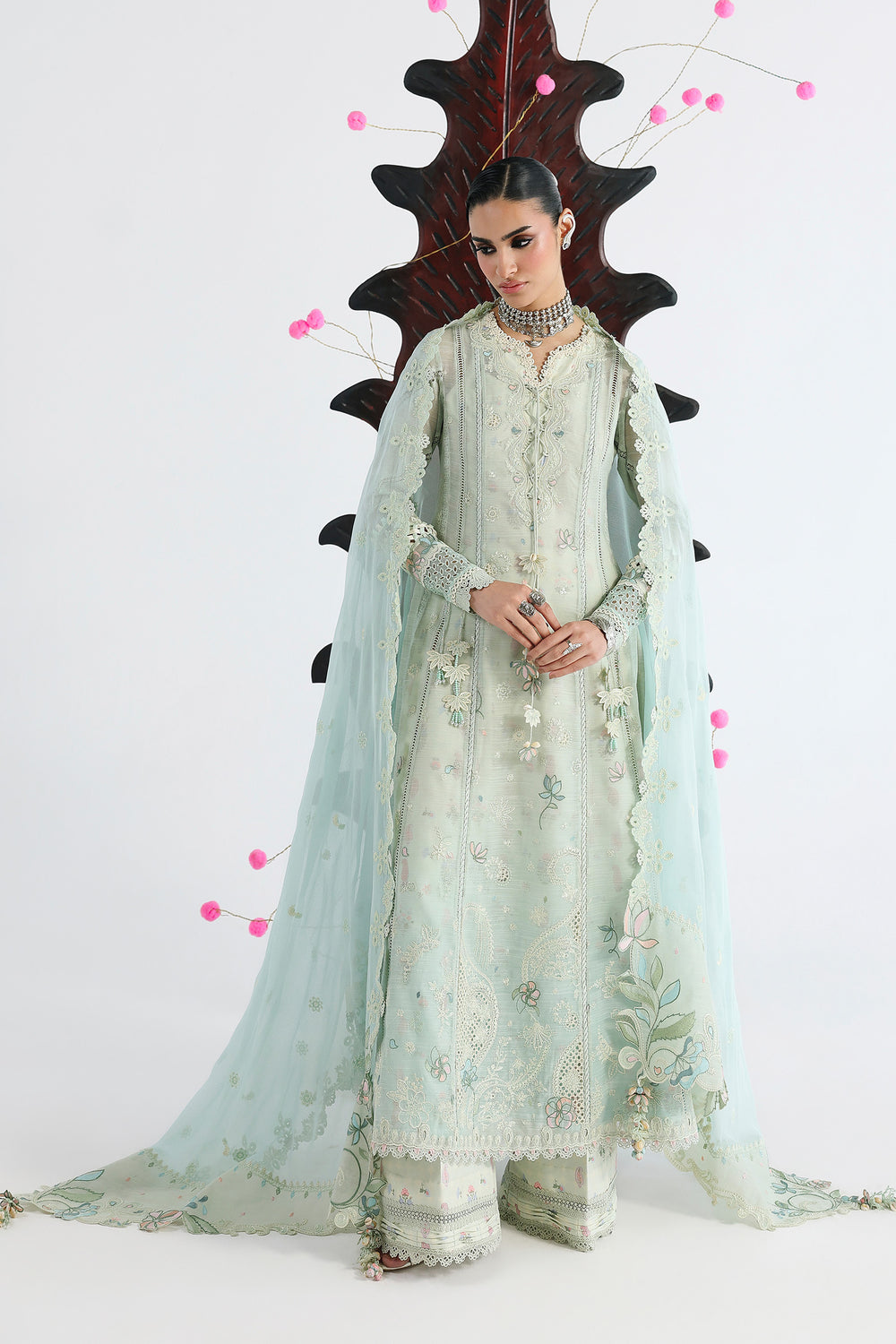 AA1 Original Qalamkar brand stitched 3-piece Luxury Lawn with soft net Dupatta Emberoidered embellished Dress.