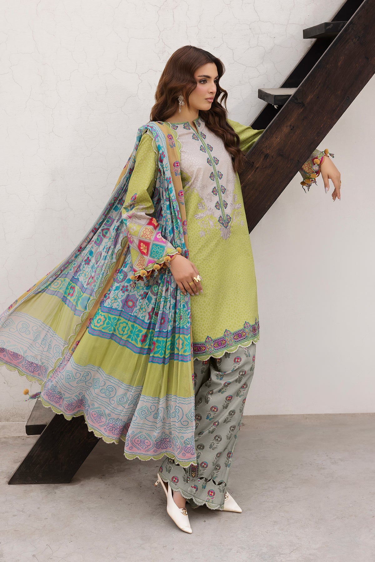 AA1 Original charizma brand 3-piece stitched Embroidered Lawn with chiffon dupata