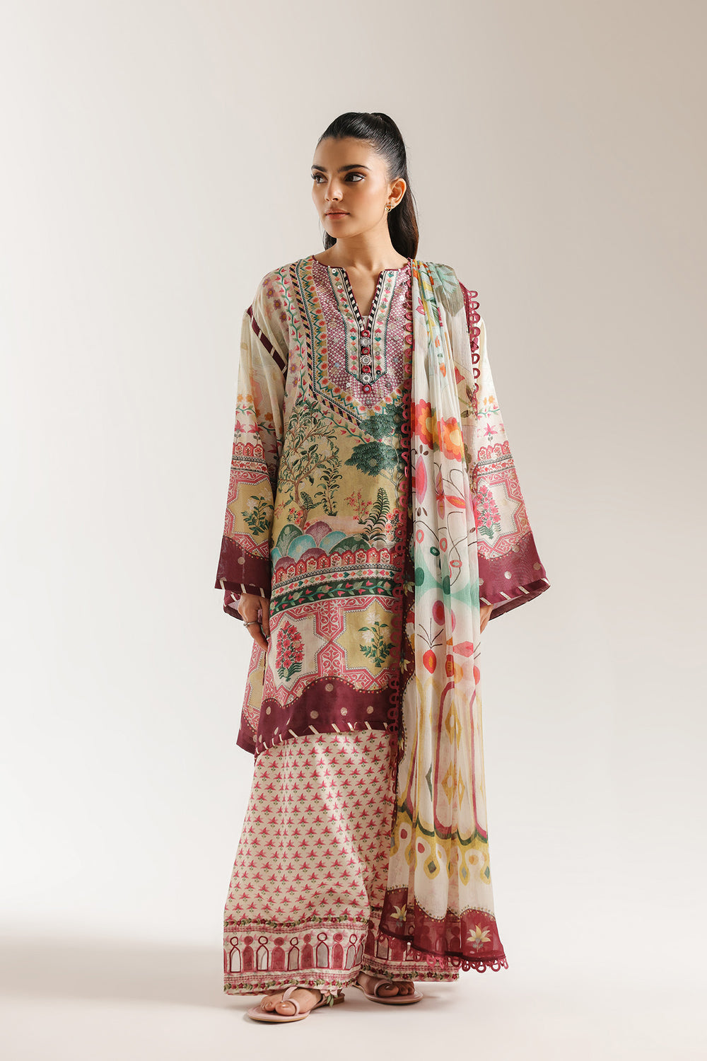 ETHNIC ORIGINAL 3-PIECE Summerwear pollylawn with chiffon dupatta farshi shalwar