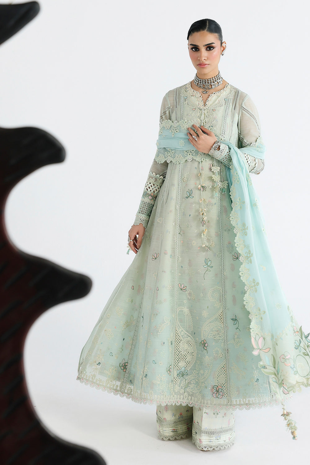 AA1 Original Qalamkar brand stitched 3-piece Luxury Lawn with soft net Dupatta Emberoidered embellished Dress.