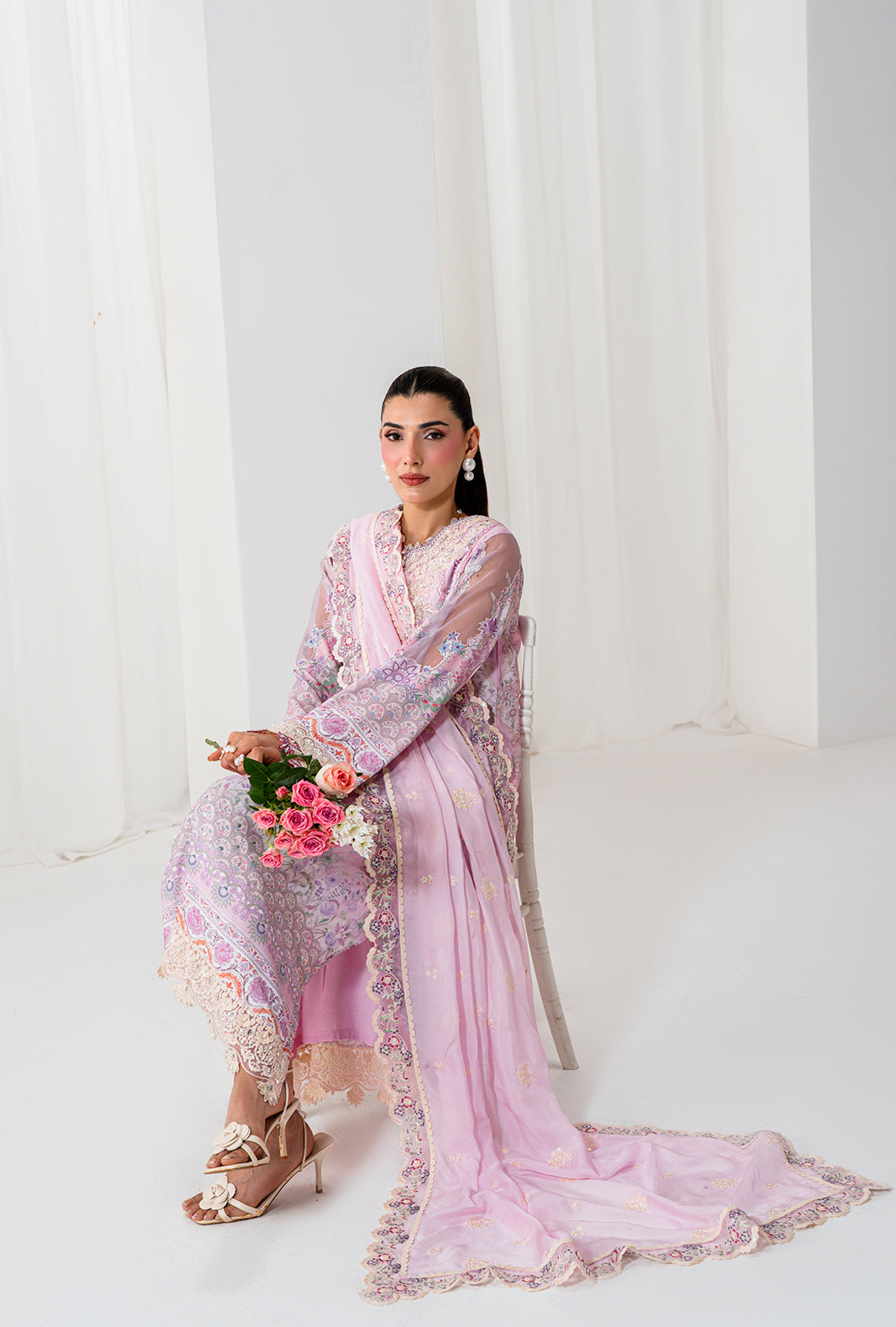 AA1 Original brand stitched  crepe silk 3piece suit with silk full embroidered Dupata with 4side emberoidered patch