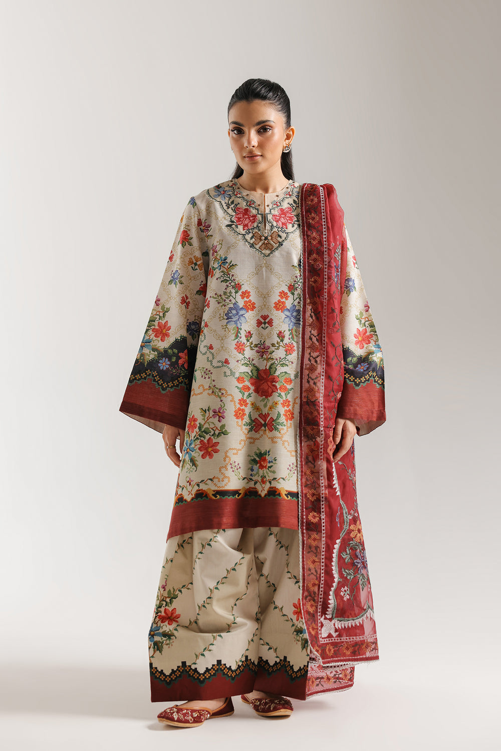 ETHNIC ORIGINAL 3-PIECE Summerwear with organza dupatta farshi shalwar