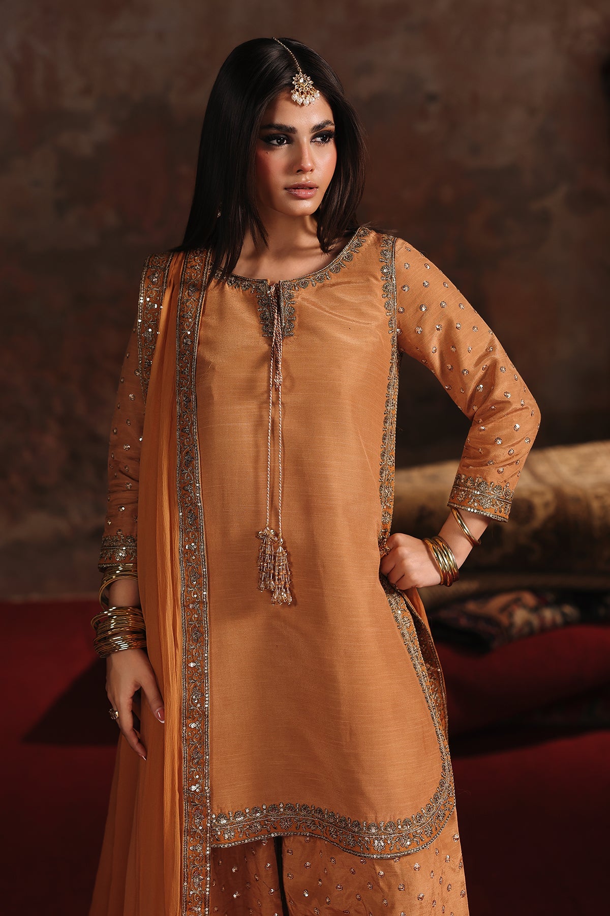 AAA Original by Charizma raw silk material with chiffon dupata fully embroidered suit